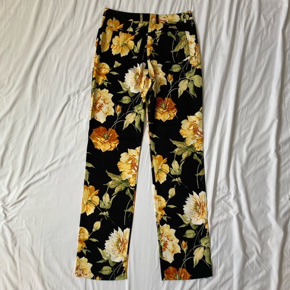 St. John Floral Black Pants w Yellow & Orange Flowers, High Waisted Straight Leg - Picture 3 of 8